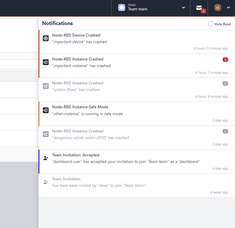 Screenshot showing some example notifications to inform users of unexpected crashes